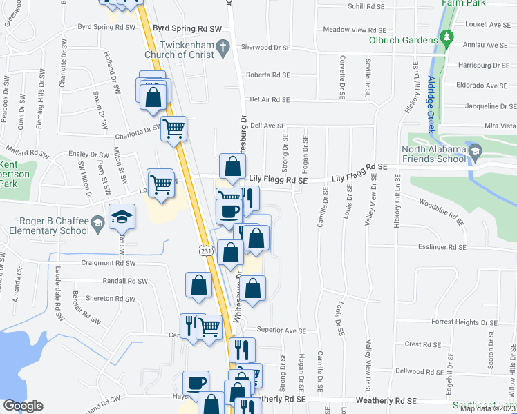 map of restaurants, bars, coffee shops, grocery stores, and more near 8305 Whitesburg Way in Huntsville