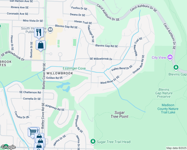 map of restaurants, bars, coffee shops, grocery stores, and more near 8002 Brookfield Circle Southeast in Huntsville