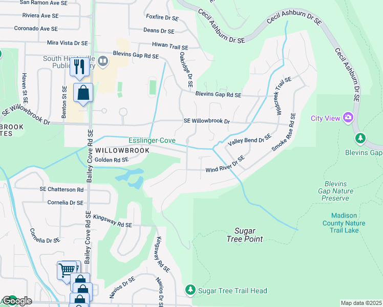map of restaurants, bars, coffee shops, grocery stores, and more near 8002 Brookfield Circle Southeast in Huntsville