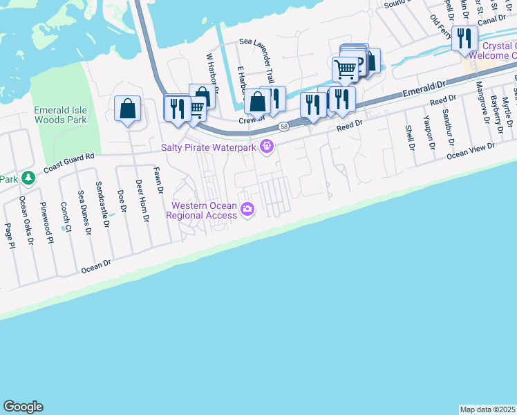 map of restaurants, bars, coffee shops, grocery stores, and more near 102 Islander Drive in Emerald Isle