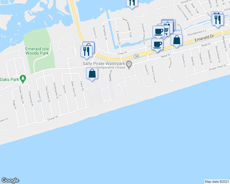 map of restaurants, bars, coffee shops, grocery stores, and more near 9007 Reed Drive in Emerald Isle