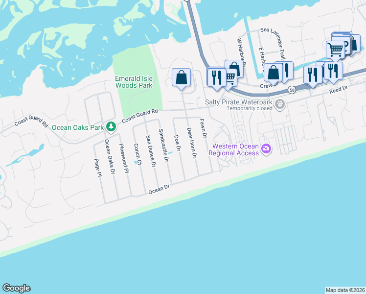 map of restaurants, bars, coffee shops, grocery stores, and more near 114-116 Doe Drive in Emerald Isle