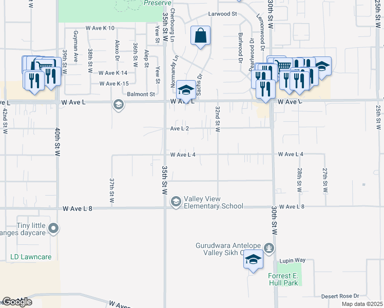 map of restaurants, bars, coffee shops, grocery stores, and more near 3238 West Avenue L4 in Lancaster