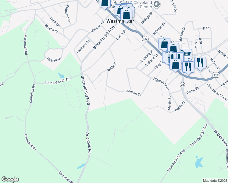 map of restaurants, bars, coffee shops, grocery stores, and more near 108 Johnson Street in Westminster