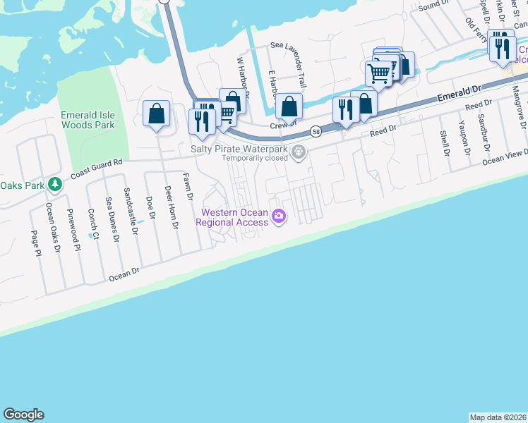 map of restaurants, bars, coffee shops, grocery stores, and more near 9003 Louise Drive in Emerald Isle