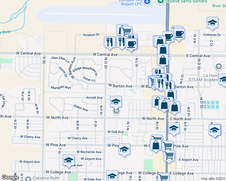 map of restaurants, bars, coffee shops, grocery stores, and more near 620 Summerwood Lane in Lompoc