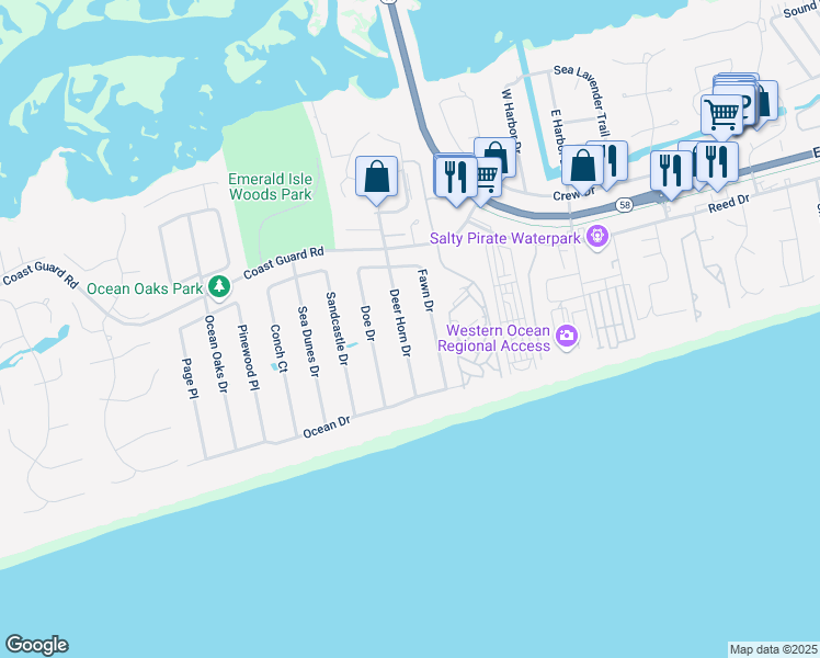 map of restaurants, bars, coffee shops, grocery stores, and more near 118 Deer Horn Drive in Emerald Isle