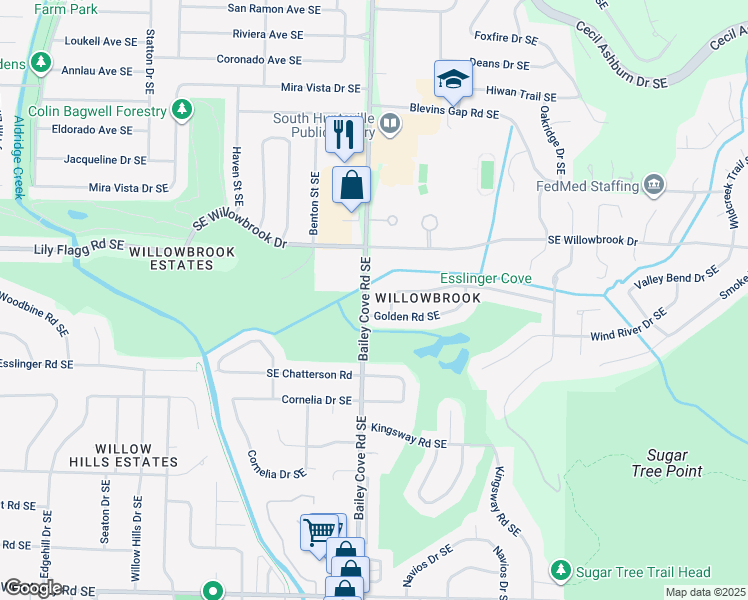 map of restaurants, bars, coffee shops, grocery stores, and more near 1200 Golden Road Southeast in Huntsville