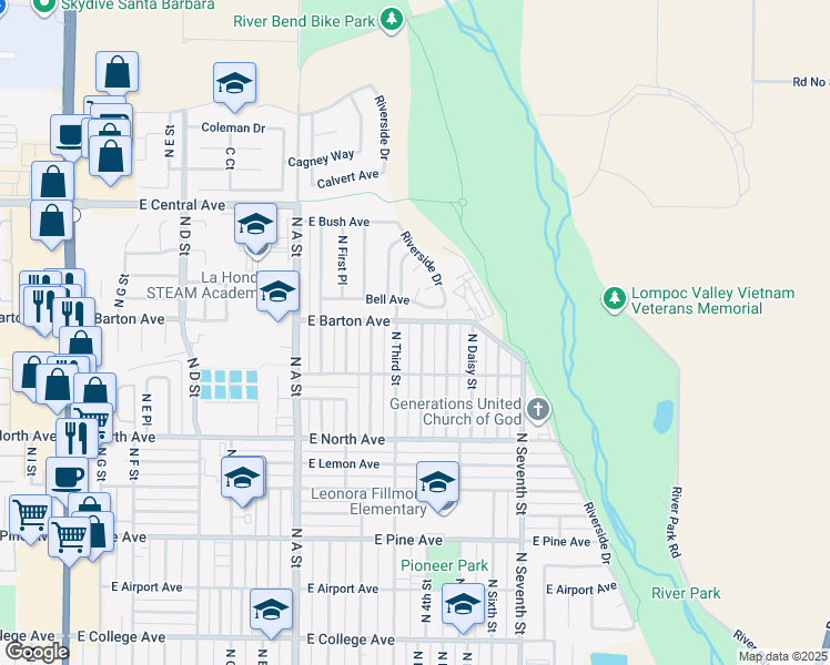 map of restaurants, bars, coffee shops, grocery stores, and more near 1129 North Lupine Street in Lompoc