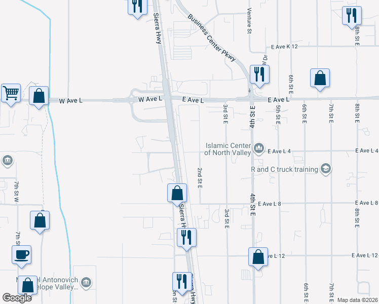 map of restaurants, bars, coffee shops, grocery stores, and more near 120 East Avenue L 4 in Lancaster