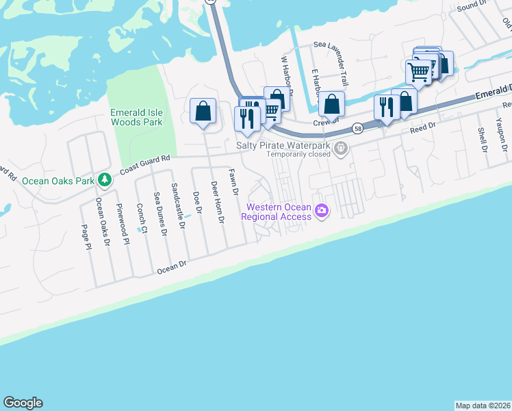 map of restaurants, bars, coffee shops, grocery stores, and more near 146 Fawn Dr in Emerald Isle
