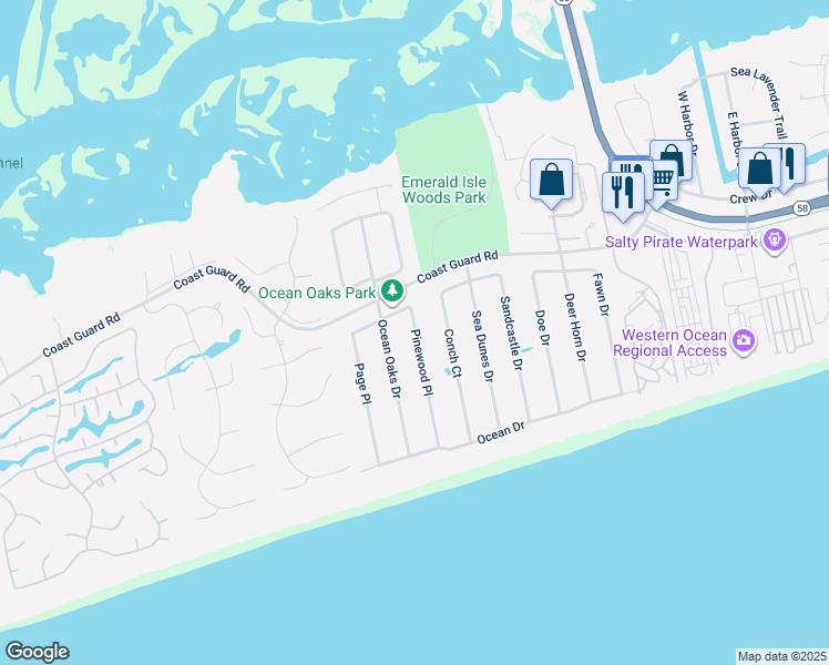 map of restaurants, bars, coffee shops, grocery stores, and more near 10034 Coast Guard Road in Emerald Isle