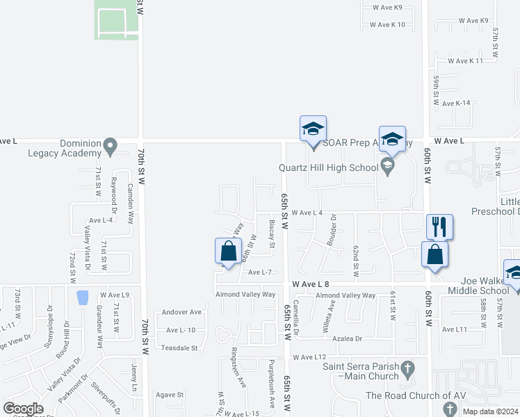 map of restaurants, bars, coffee shops, grocery stores, and more near 42602 66th Street West in Lancaster