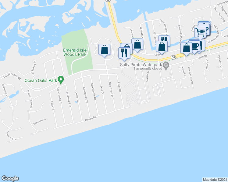 map of restaurants, bars, coffee shops, grocery stores, and more near 118 Deer Horn Drive in Emerald Isle
