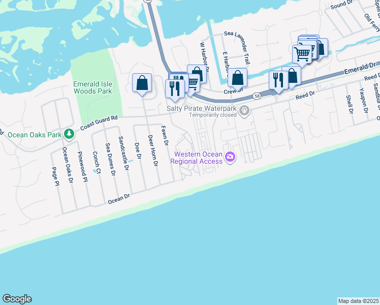 map of restaurants, bars, coffee shops, grocery stores, and more near 9201 Coast Guard Road in Emerald Isle