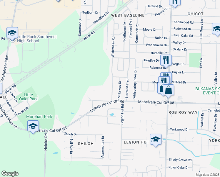 map of restaurants, bars, coffee shops, grocery stores, and more near 10212 Woodbridge Drive in Little Rock