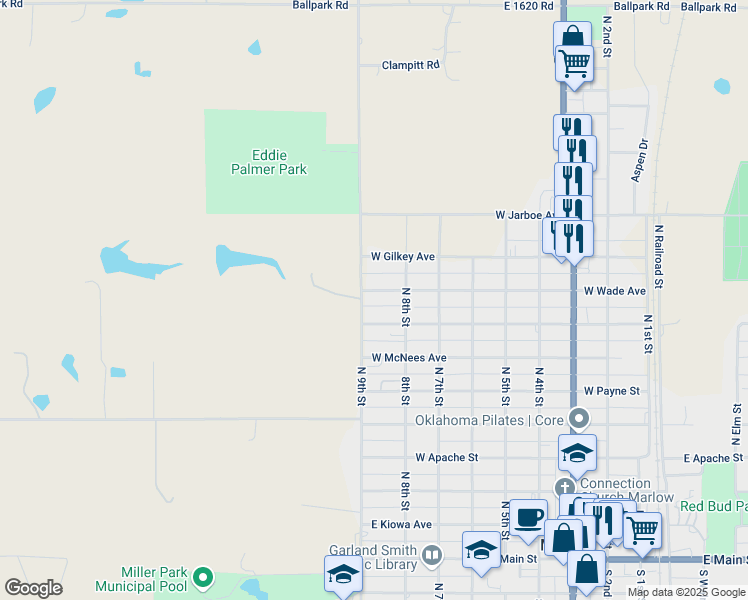 map of restaurants, bars, coffee shops, grocery stores, and more near 906 North 9th Street in Marlow