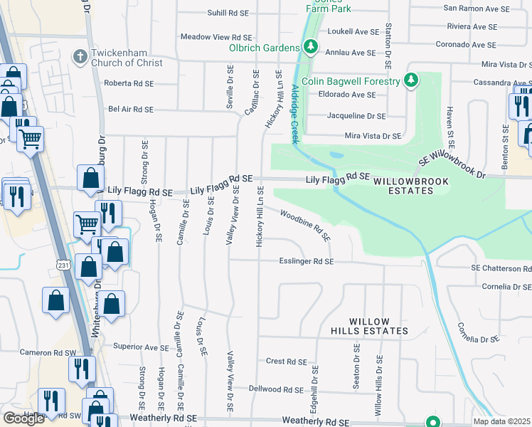map of restaurants, bars, coffee shops, grocery stores, and more near 8203 Hickory Hill Lane Southeast in Huntsville