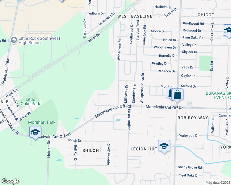 map of restaurants, bars, coffee shops, grocery stores, and more near 10212 Woodbridge Drive in Little Rock
