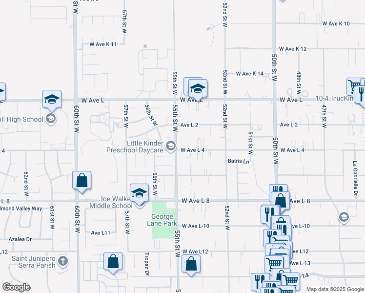 map of restaurants, bars, coffee shops, grocery stores, and more near 42632 55th Street West in Quartz Hill