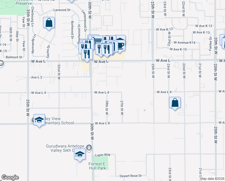 map of restaurants, bars, coffee shops, grocery stores, and more near 2741 West Avenue L4 in Lancaster