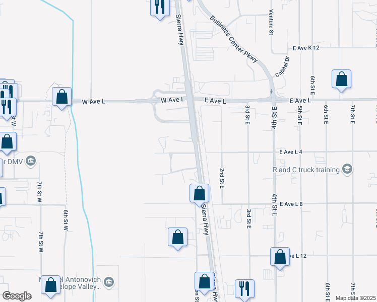 map of restaurants, bars, coffee shops, grocery stores, and more near 42607 Sierra Highway in Lancaster