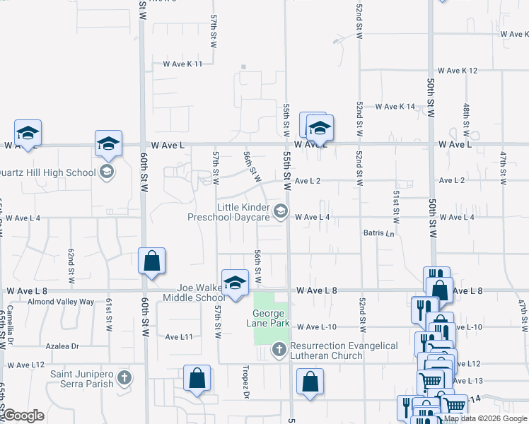 map of restaurants, bars, coffee shops, grocery stores, and more near 5517 Harmony Lane in Lancaster