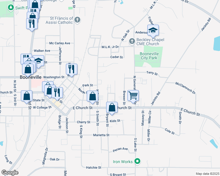 map of restaurants, bars, coffee shops, grocery stores, and more near 208 North Bryant Street in Booneville