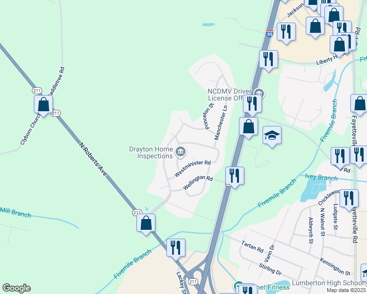 map of restaurants, bars, coffee shops, grocery stores, and more near 3985 Regents Street in Lumberton