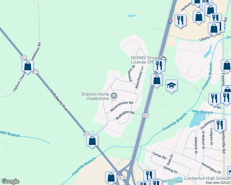map of restaurants, bars, coffee shops, grocery stores, and more near 3985 Regents Street in Lumberton