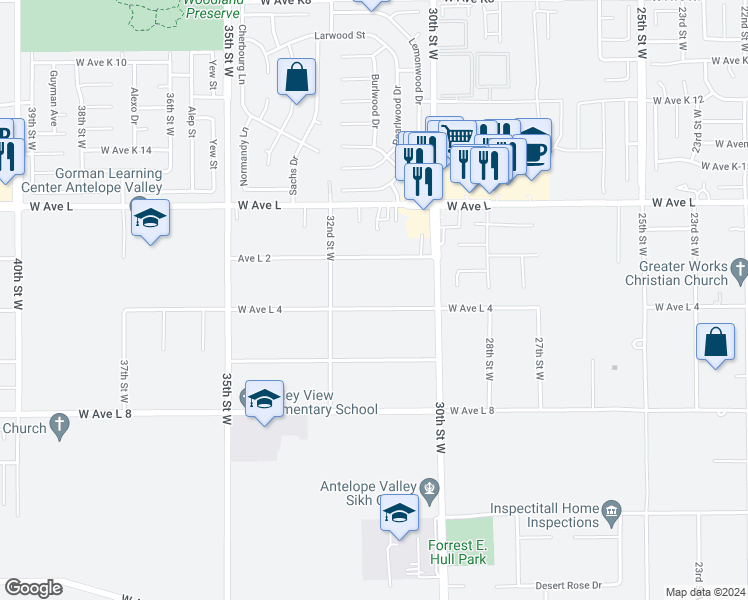 map of restaurants, bars, coffee shops, grocery stores, and more near 3111 West Avenue L4 in Lancaster