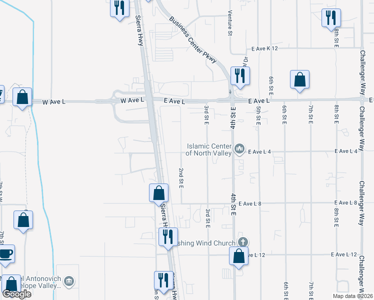 map of restaurants, bars, coffee shops, grocery stores, and more near 42616 2nd Street East in Lancaster