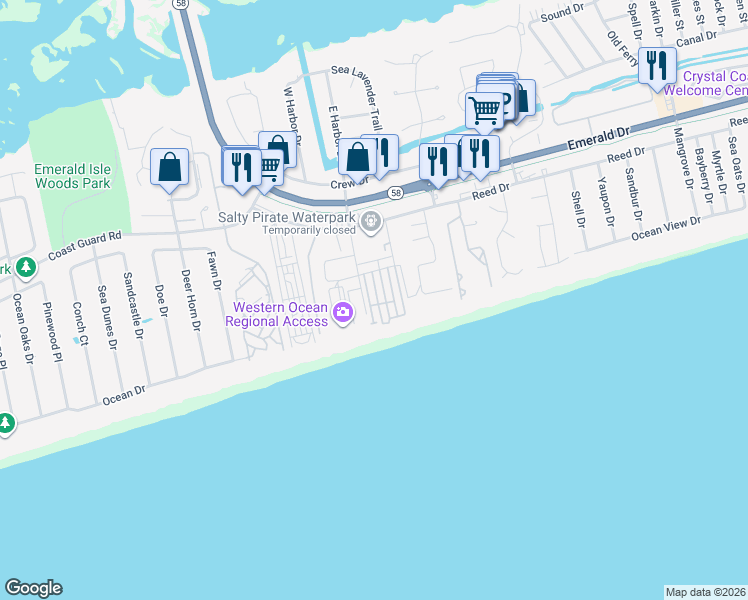 map of restaurants, bars, coffee shops, grocery stores, and more near 8921 Louise Avenue in Emerald Isle