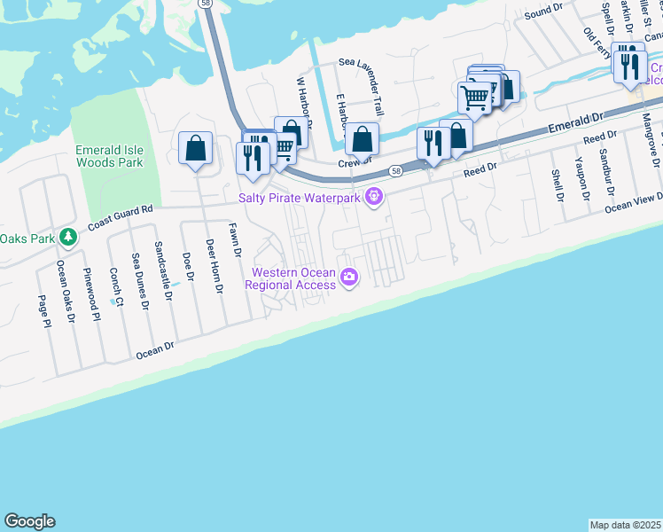 map of restaurants, bars, coffee shops, grocery stores, and more near 201 Islander Drive in Emerald Isle