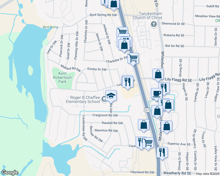 map of restaurants, bars, coffee shops, grocery stores, and more near 7816 Milton Street Southwest in Huntsville