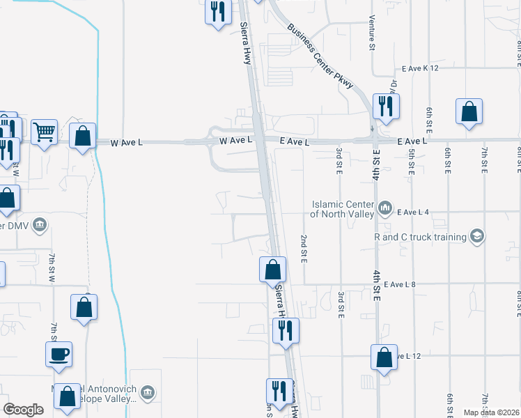 map of restaurants, bars, coffee shops, grocery stores, and more near 42607 Sierra Highway in Lancaster
