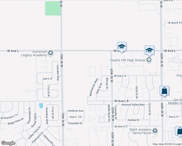 map of restaurants, bars, coffee shops, grocery stores, and more near 42610 Meridian Way in Lancaster