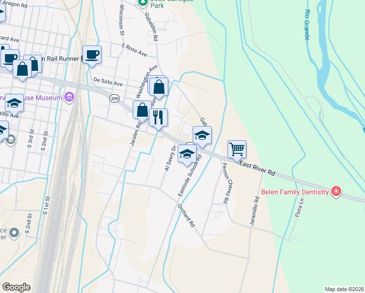 map of restaurants, bars, coffee shops, grocery stores, and more near 707 East River Road in Belen