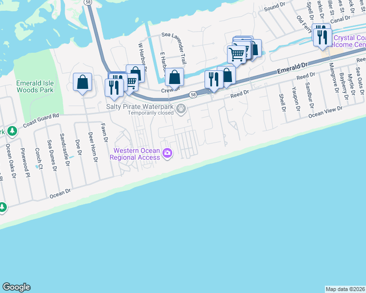 map of restaurants, bars, coffee shops, grocery stores, and more near 8921 Louise Avenue in Emerald Isle