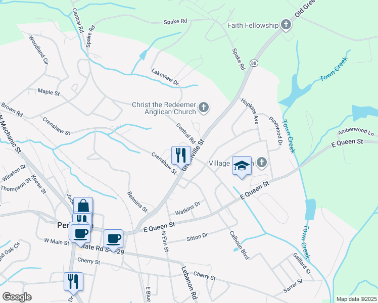 map of restaurants, bars, coffee shops, grocery stores, and more near 729 Greenville Street in Pendleton