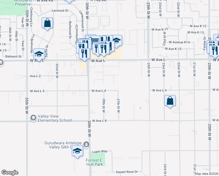 map of restaurants, bars, coffee shops, grocery stores, and more near 2741 West Avenue L4 in Lancaster