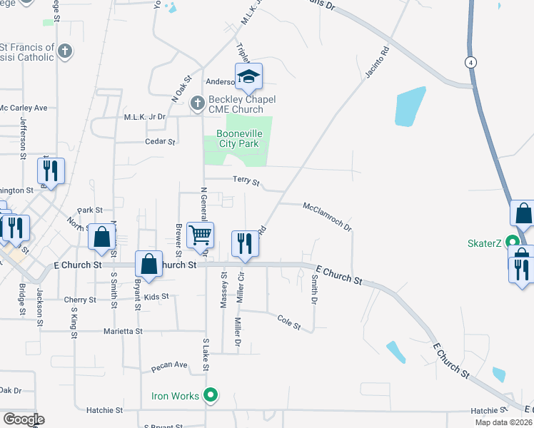 map of restaurants, bars, coffee shops, grocery stores, and more near 213 Jacinto Road in Booneville