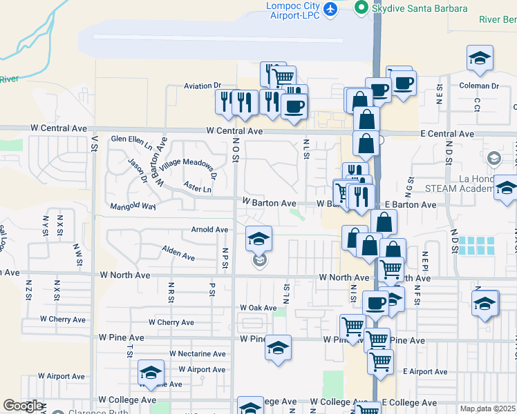 map of restaurants, bars, coffee shops, grocery stores, and more near 636 Southbrook Drive in Lompoc