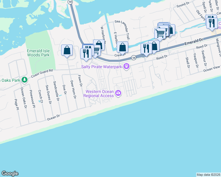 map of restaurants, bars, coffee shops, grocery stores, and more near 2733 Queens Court in Emerald Isle