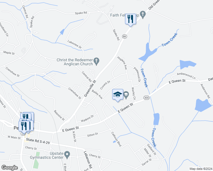 map of restaurants, bars, coffee shops, grocery stores, and more near 826 Crouch Drive in Pendleton