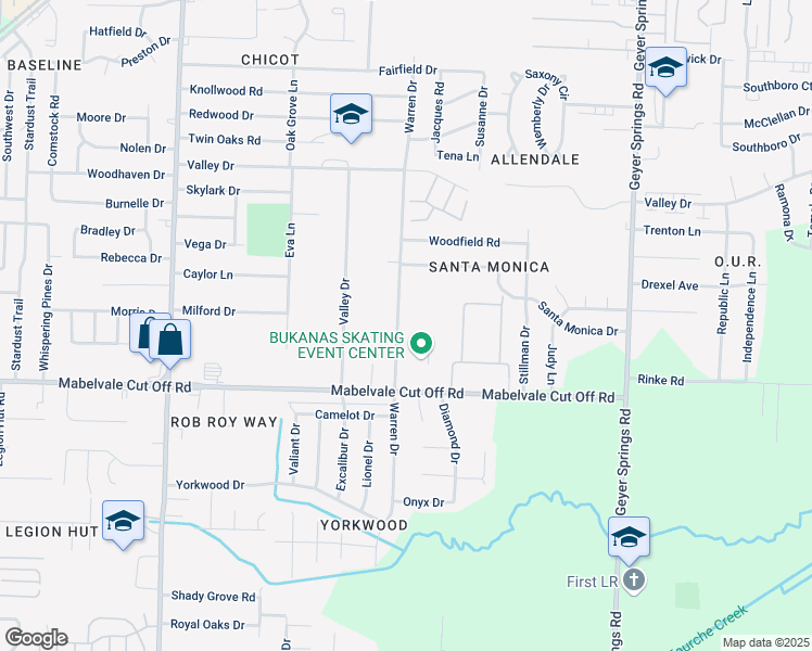 map of restaurants, bars, coffee shops, grocery stores, and more near 15 Warren Drive in Little Rock