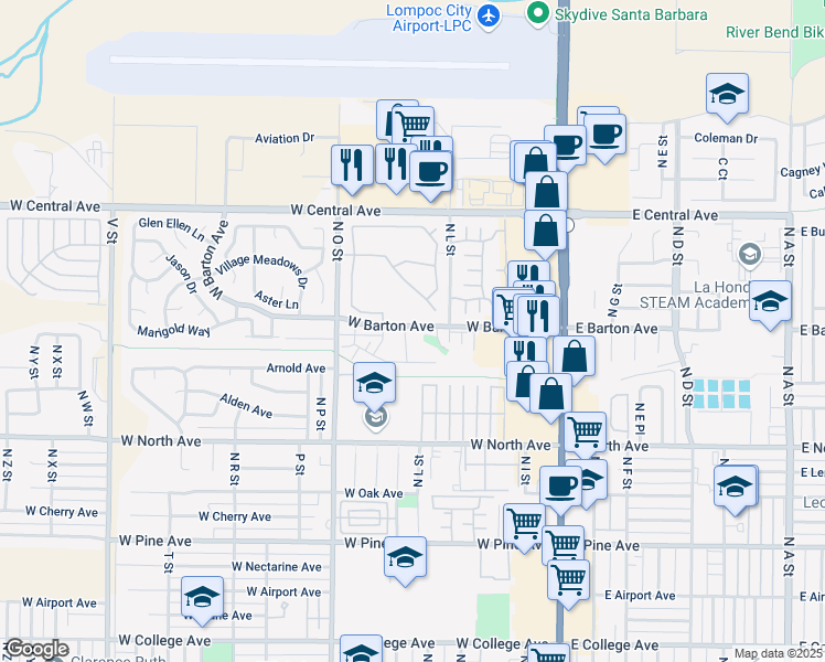 map of restaurants, bars, coffee shops, grocery stores, and more near 1118 Parkside Way in Lompoc