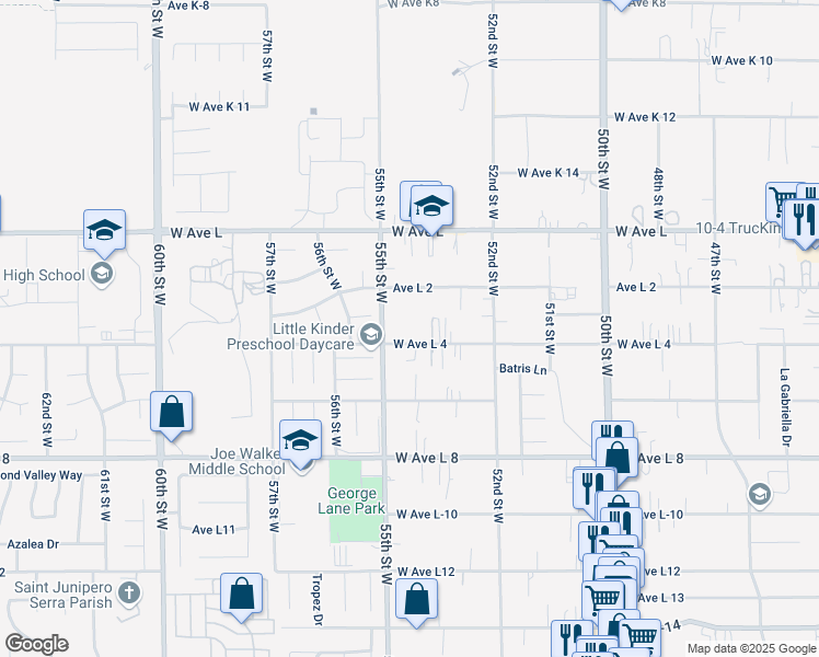 map of restaurants, bars, coffee shops, grocery stores, and more near 42632 55th Street West in Quartz Hill