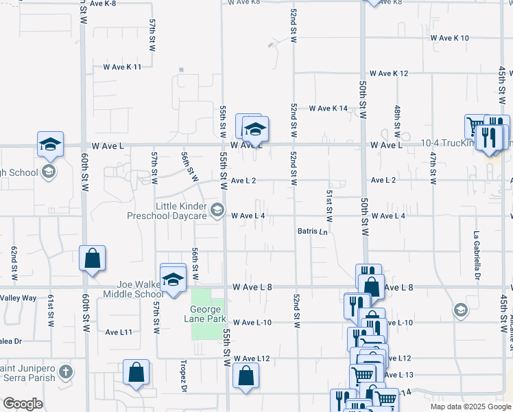 map of restaurants, bars, coffee shops, grocery stores, and more near 5309 West Avenue L4 in Lancaster