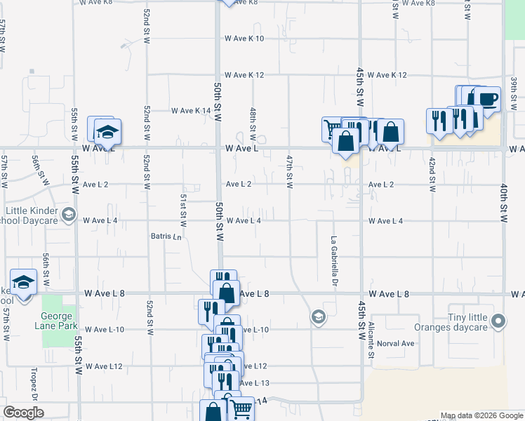 map of restaurants, bars, coffee shops, grocery stores, and more near 4805 West Avenue L4 in Lancaster
